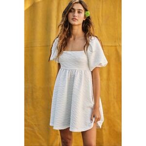 Free People Violet Mini Dress White Puff Sleeve Tie Back Textured Babydoll XS